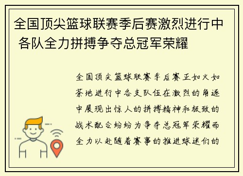 全国顶尖篮球联赛季后赛激烈进行中 各队全力拼搏争夺总冠军荣耀