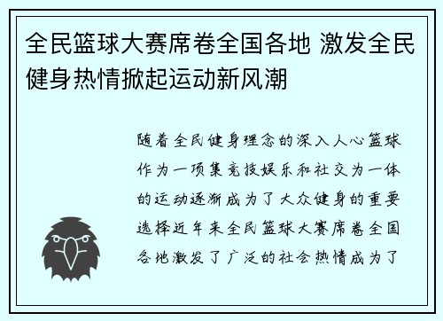 全民篮球大赛席卷全国各地 激发全民健身热情掀起运动新风潮