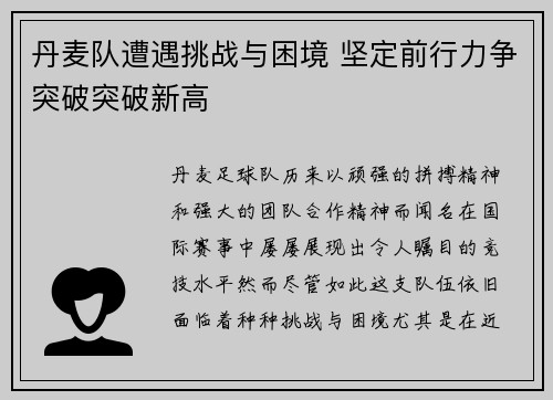 丹麦队遭遇挑战与困境 坚定前行力争突破突破新高