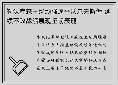 勒沃库森主场顽强逼平沃尔夫斯堡 延续不败战绩展现坚韧表现