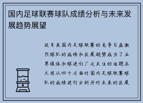 国内足球联赛球队成绩分析与未来发展趋势展望