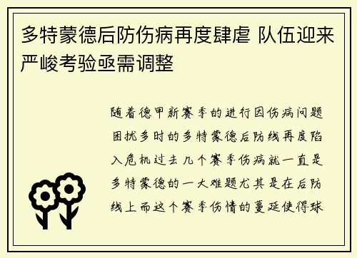 多特蒙德后防伤病再度肆虐 队伍迎来严峻考验亟需调整