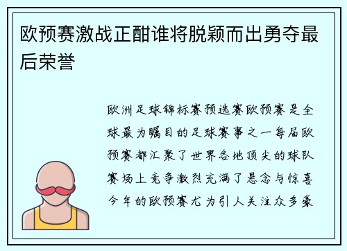 欧预赛激战正酣谁将脱颖而出勇夺最后荣誉