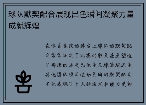 球队默契配合展现出色瞬间凝聚力量成就辉煌